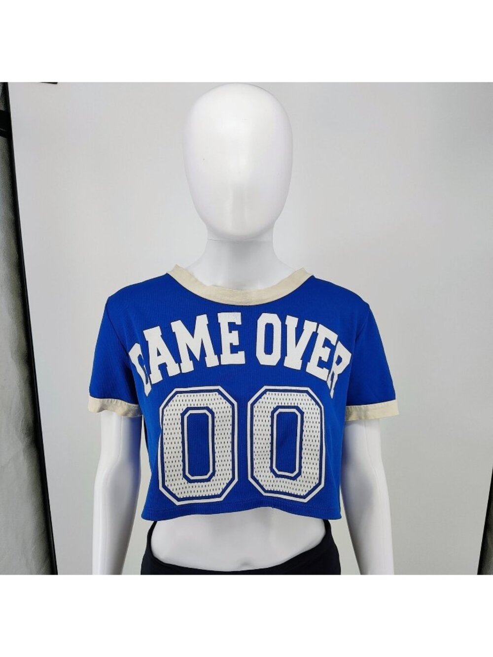 JC Fits "Game Over 00" Blue & White Crop Top Mesh Football Jersey (XL) *Flawed